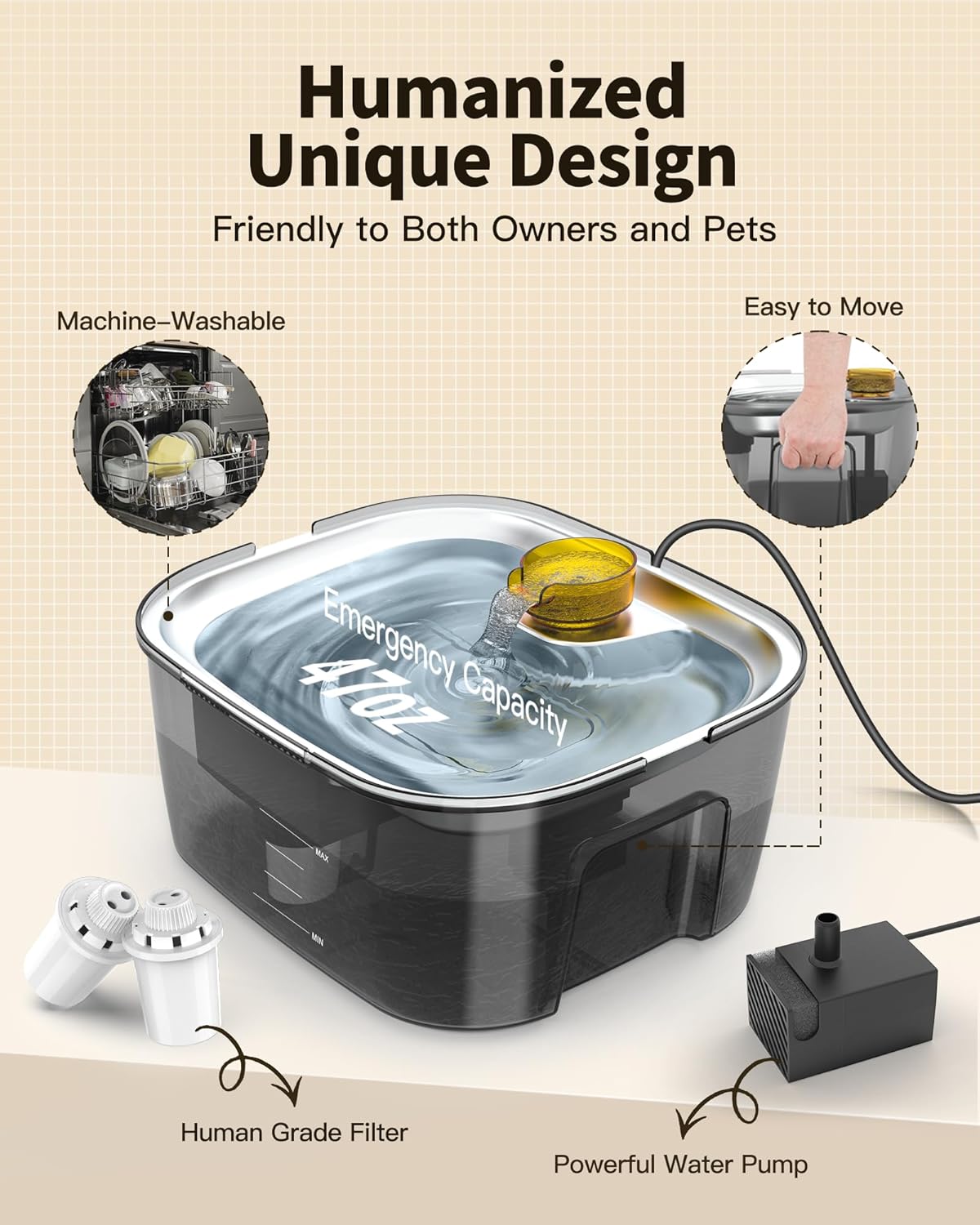 Petdott Dog Water Fountain 2 Gallons,Large Pet Water Fountain with SUS304 Water Bowl